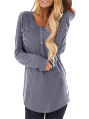 Round Neck Long Sleeve Lace Patchwork Casual T-Shirts