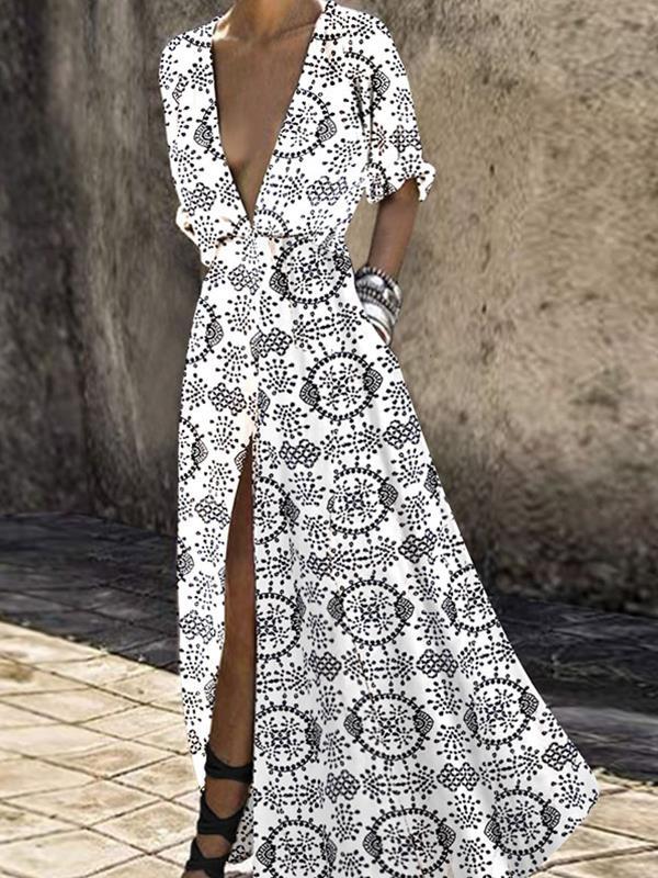 Sexy print deep v slit high waist maxi dress