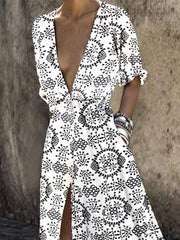 Sexy print deep v slit high waist maxi dress