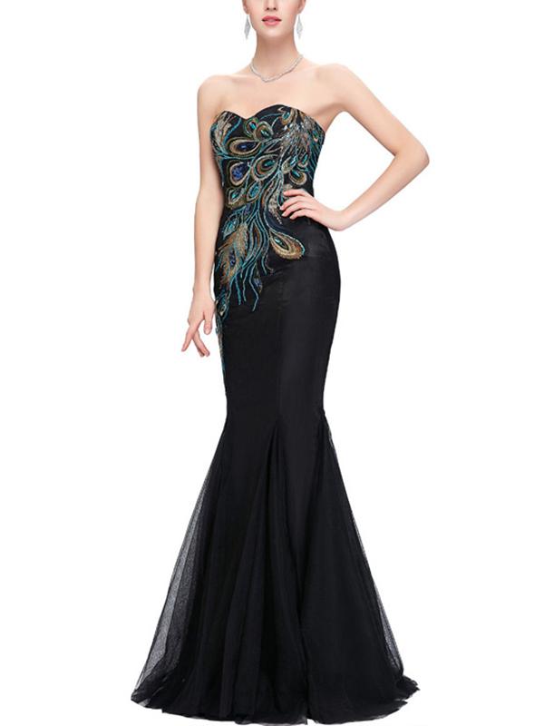 Embroidery Contrast V-Neck Sleeveless Mermaid Long Evening Dresses