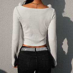 Square Collar Long Sleeve Elegant T-Shirts