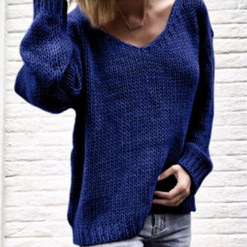 V Neck Long Sleeve Plain Knit Woman Casual Sweaters