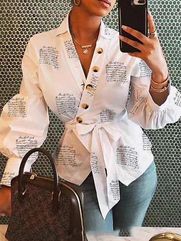 Fashion printed v neck tie waist blouses
