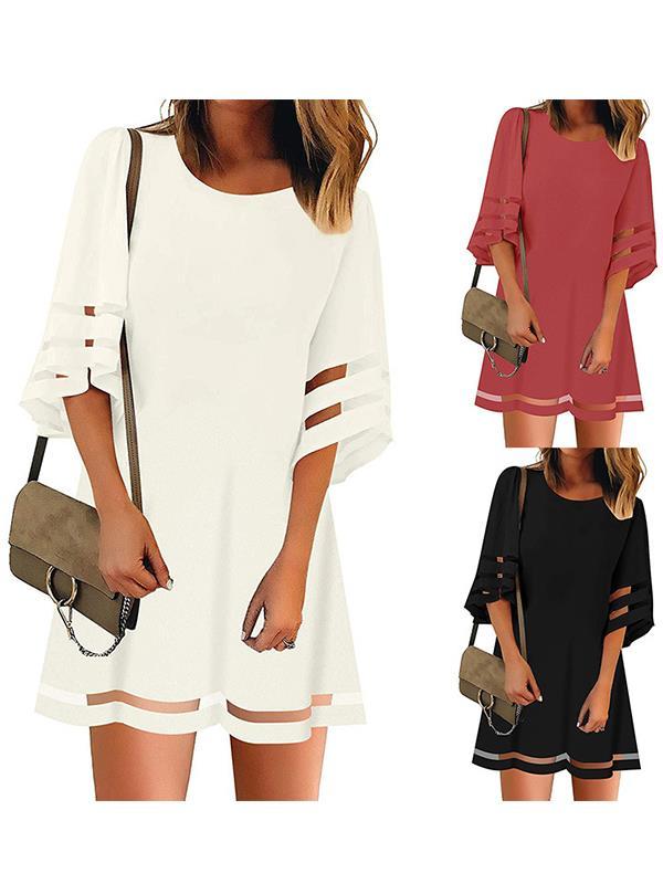 Women Flare Sleeve Round Neck Summer Shift Dresses