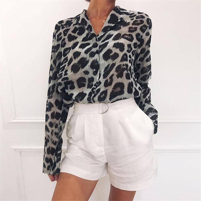 Fashion Leopard Print Long Sleeve Chiffon Blouses