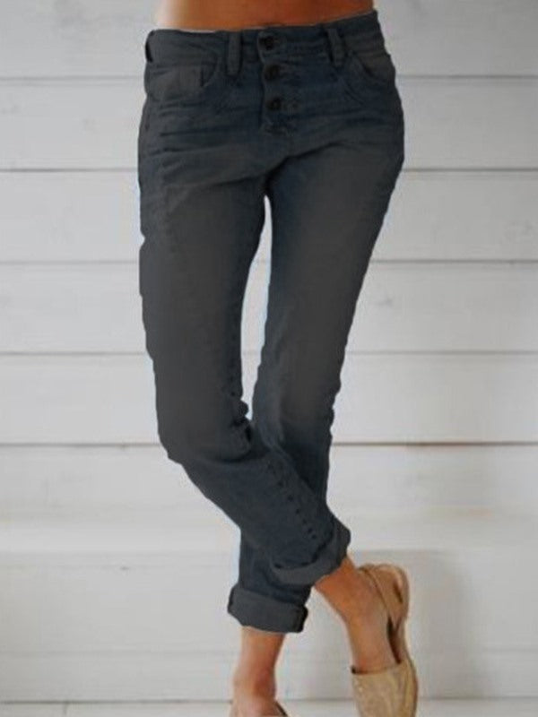 Women long pants button plain blue jeans