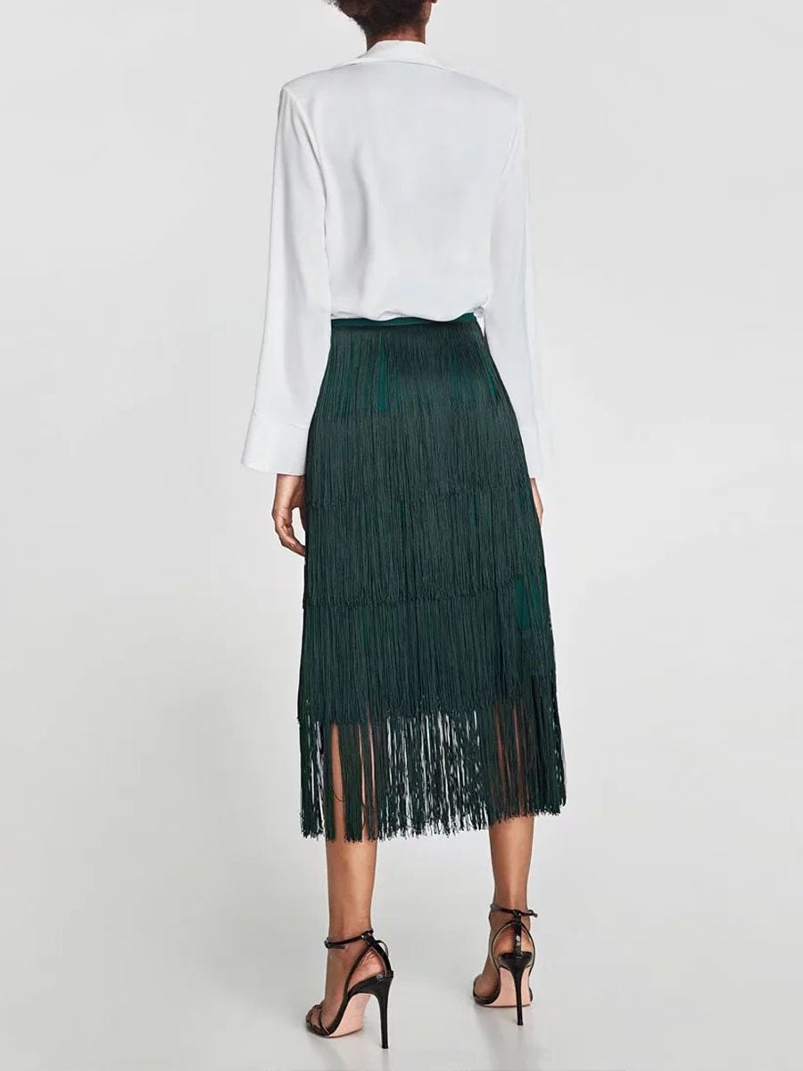 Woman Fashion Green Tassels Skirt