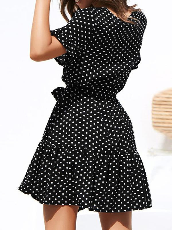 Fashion elegant V collar spotty chiffon skater dress