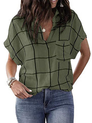 Casual grid pocket short sleeve turn down neck Blouses