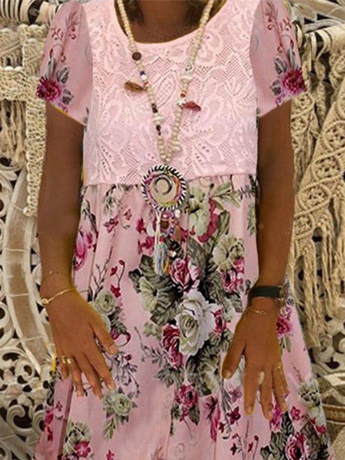 Pink Crew Neck Holiday Chiffon Floral Dresses