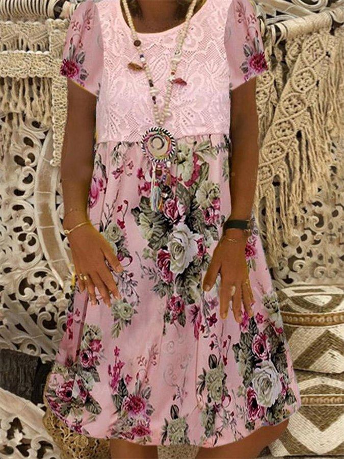 Pink Crew Neck Holiday Chiffon Floral Dresses