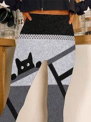Color-block Cats Printed Plus Size Casual Pants