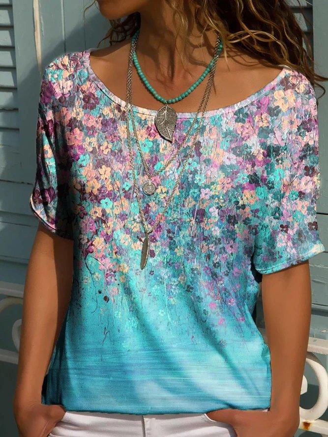 Casual Crew Neck Short Sleeve Floral Tops