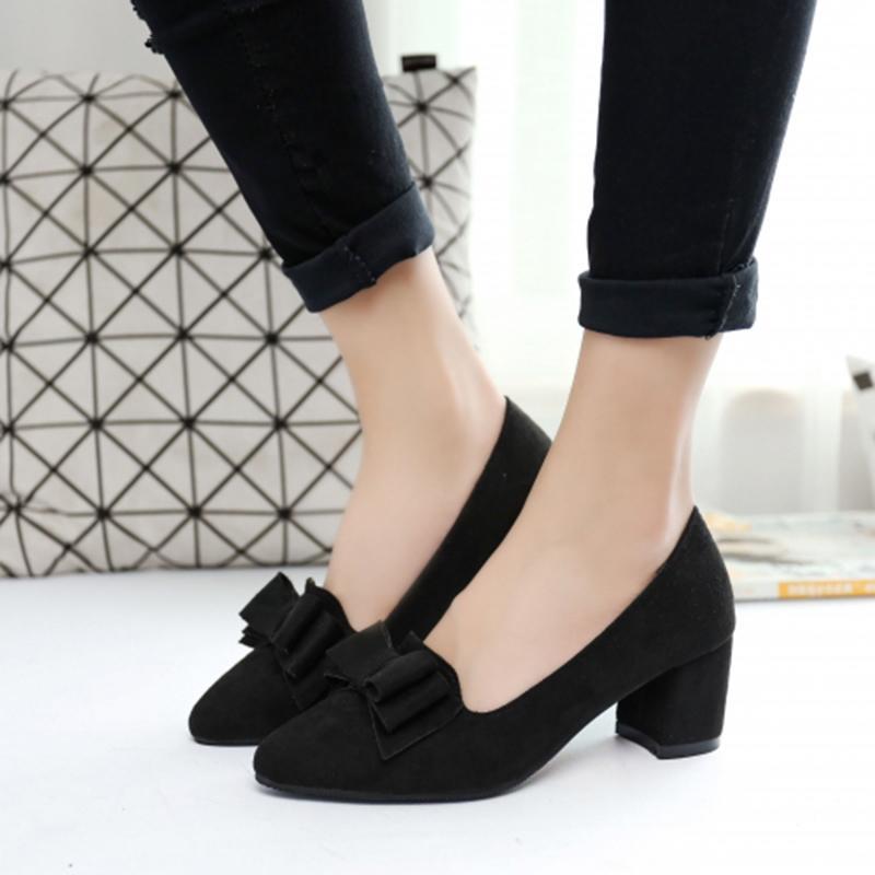 Woman Bowknot Suede Women Chunky Heel Pointed Toe Pumps