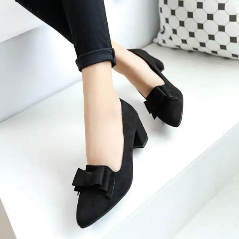 Woman Bowknot Suede Women Chunky Heel Pointed Toe Pumps