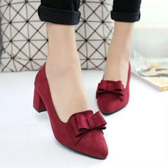 Woman Bowknot Suede Women Chunky Heel Pointed Toe Pumps