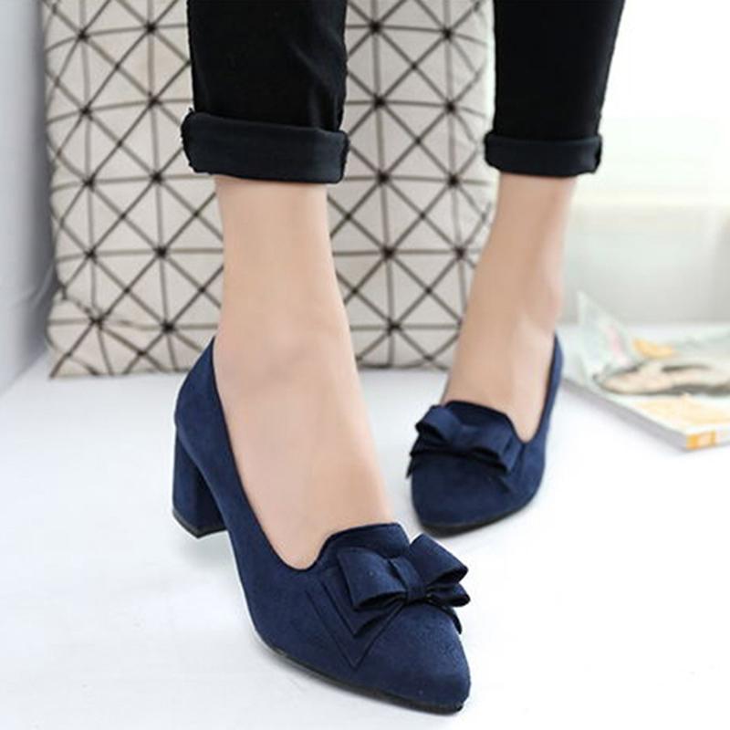 Woman Bowknot Suede Women Chunky Heel Pointed Toe Pumps