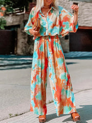 Bohemian Tie Dye Patchwork Turndown Collar Loose Jumpsuits