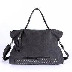 Elegant Rivet Nubuck Leather Tassel  Vintage Shoulder Bag