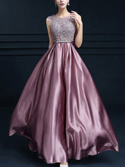 Bowknot Lace Contrast O-Neck Sleeveless Long Evening Dresses