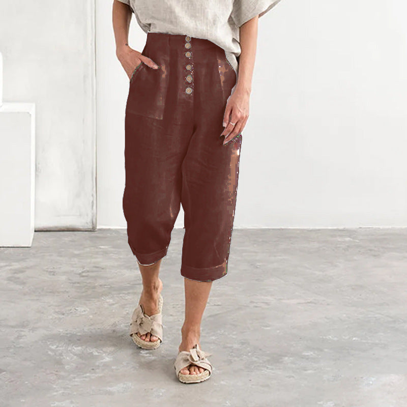 Breasted cotton linen loose oversized women casual long pants