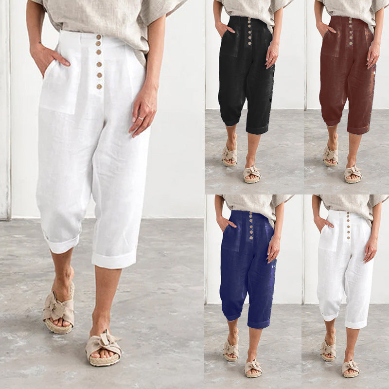 Breasted cotton linen loose oversized women casual long pants