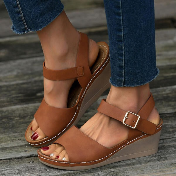Buckle Solid Color Wedge Heel Platform Sandals