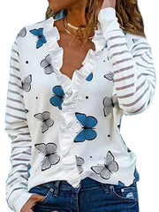 Butterfly Print V-Neck Lace Striped Long Sleeve T-Shirts