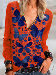 Butterfly Printed V Neck Printed  Zipper T-shirts