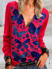 Butterfly Printed V Neck Printed  Zipper T-shirts