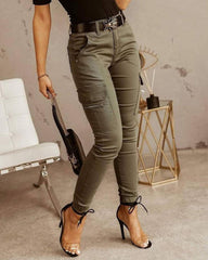 Button Solid Pencil Long Pants