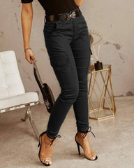 Button Solid Pencil Long Pants