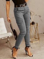 Button Solid Pencil Long Pants