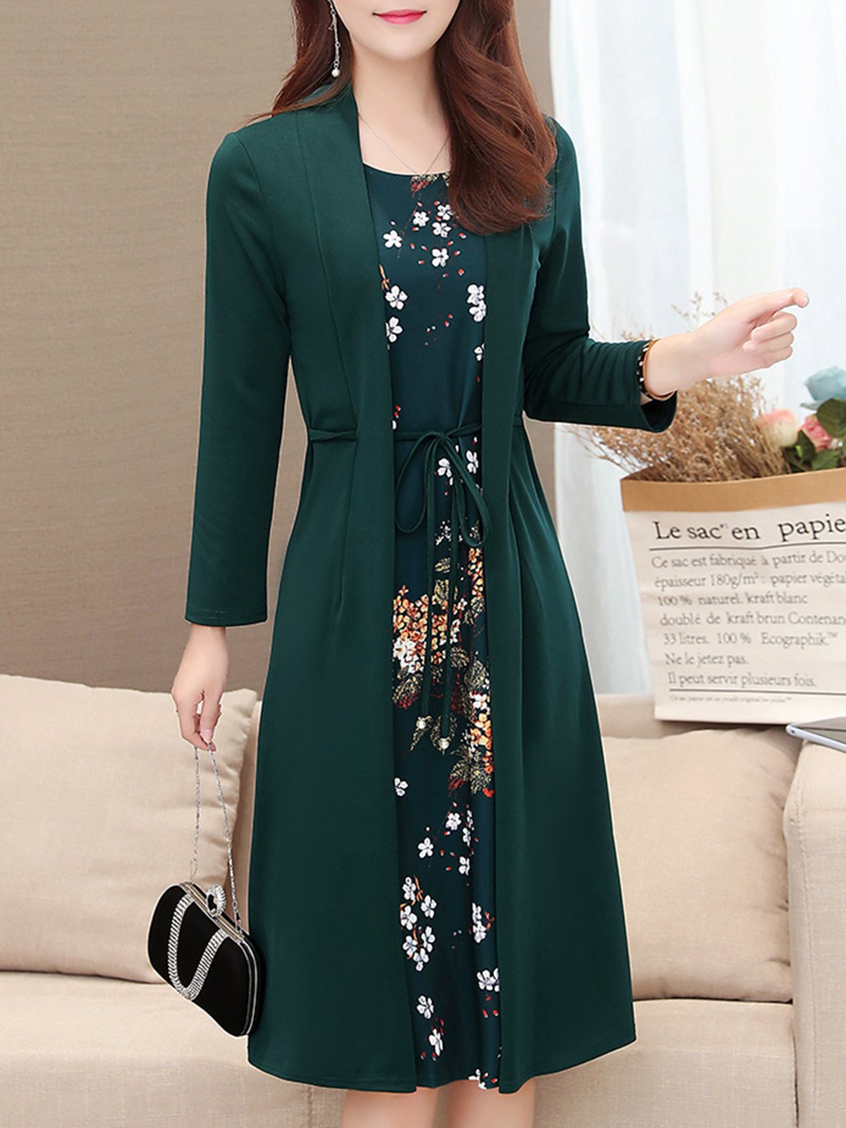 Fake Two Piece Long Sleeve Floral Dress