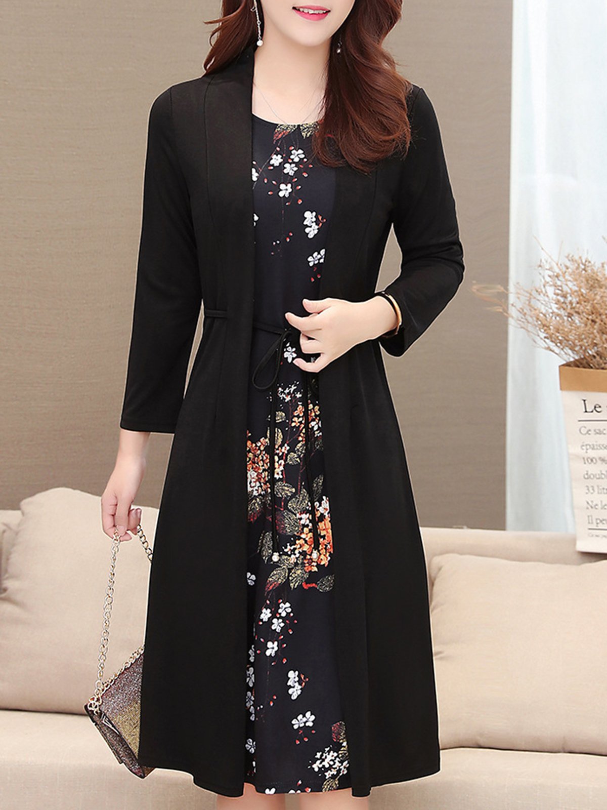 Fake Two Piece Long Sleeve Floral Dress