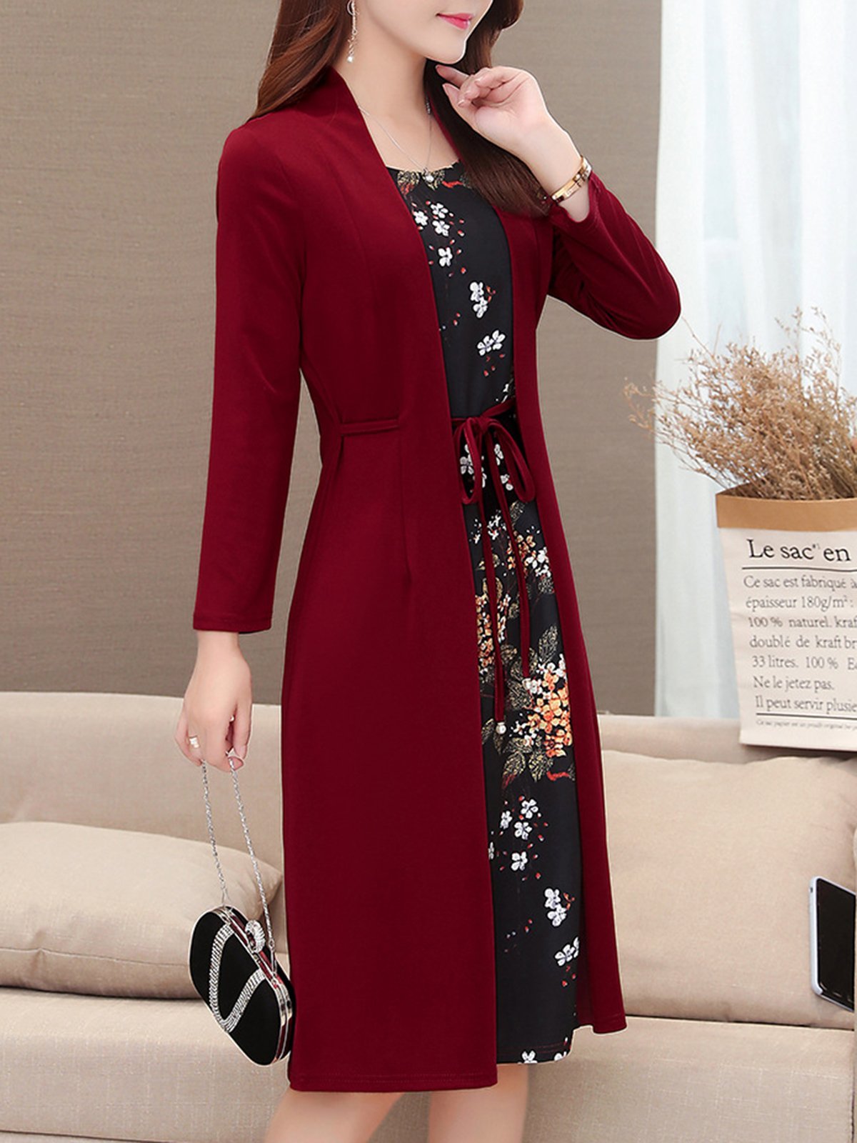 Fake Two Piece Long Sleeve Floral Dress