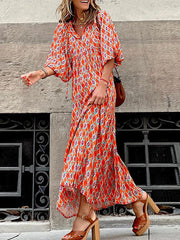 Casual Print Patchwork V Neck Straight Dresses(3 colors)
