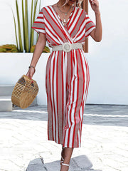 Casual Striped Contrast V Neck Loose Jumpsuits