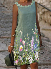 Casual Chiffon Lace Print Slim Fit Sleeveless Shift Dresses