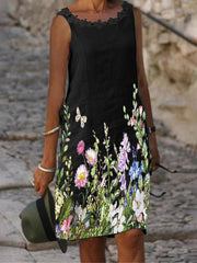 Casual Chiffon Lace Print Slim Fit Sleeveless Shift Dresses