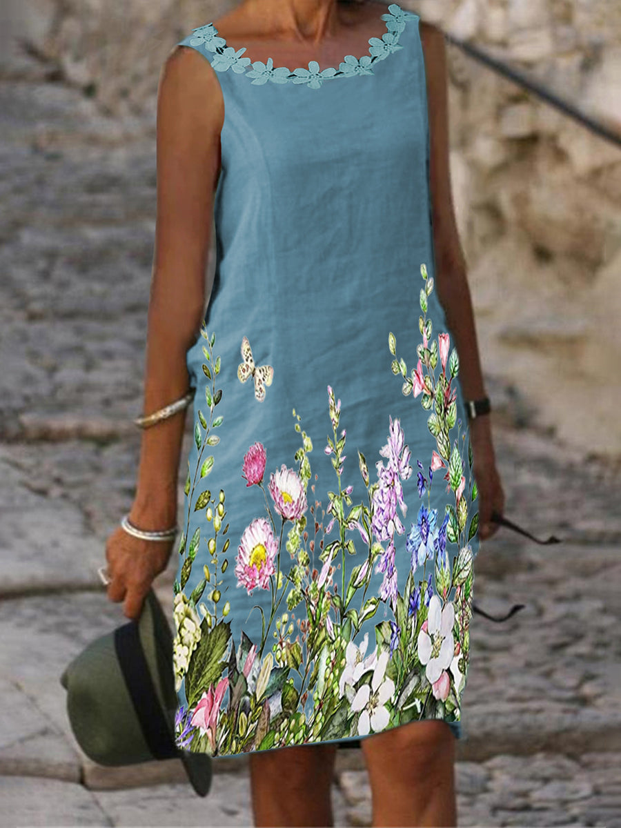Casual Chiffon Lace Print Slim Fit Sleeveless Shift Dresses
