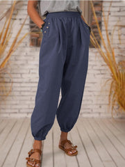 Casual Cotton Linen Soild Color Button Pocket Women Pants