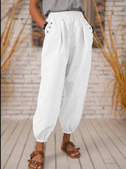 Casual Cotton Linen Soild Color Button Pocket Women Pants