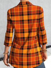 Casual Daily Grid Orange Long Sleeve Stand Collar Blouses