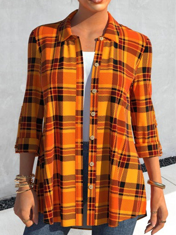 Casual Daily Grid Orange Long Sleeve Stand Collar Blouses