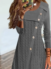 Casual Plain Texture Crew Neck Stitched Buttons Jersey Skater Dresses