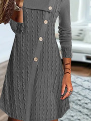 Casual Plain Texture Crew Neck Stitched Buttons Jersey Skater Dresses