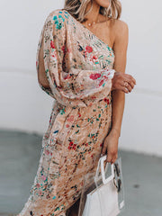 Casual Print Split Joint One Shoulder Irregular Dress Bodycon Dresses