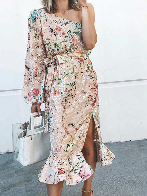 Casual Print Split Joint One Shoulder Irregular Dress Bodycon Dresses