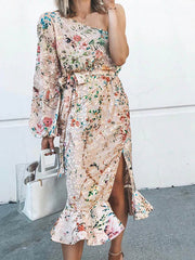 Casual Print Split Joint One Shoulder Irregular Dress Bodycon Dresses